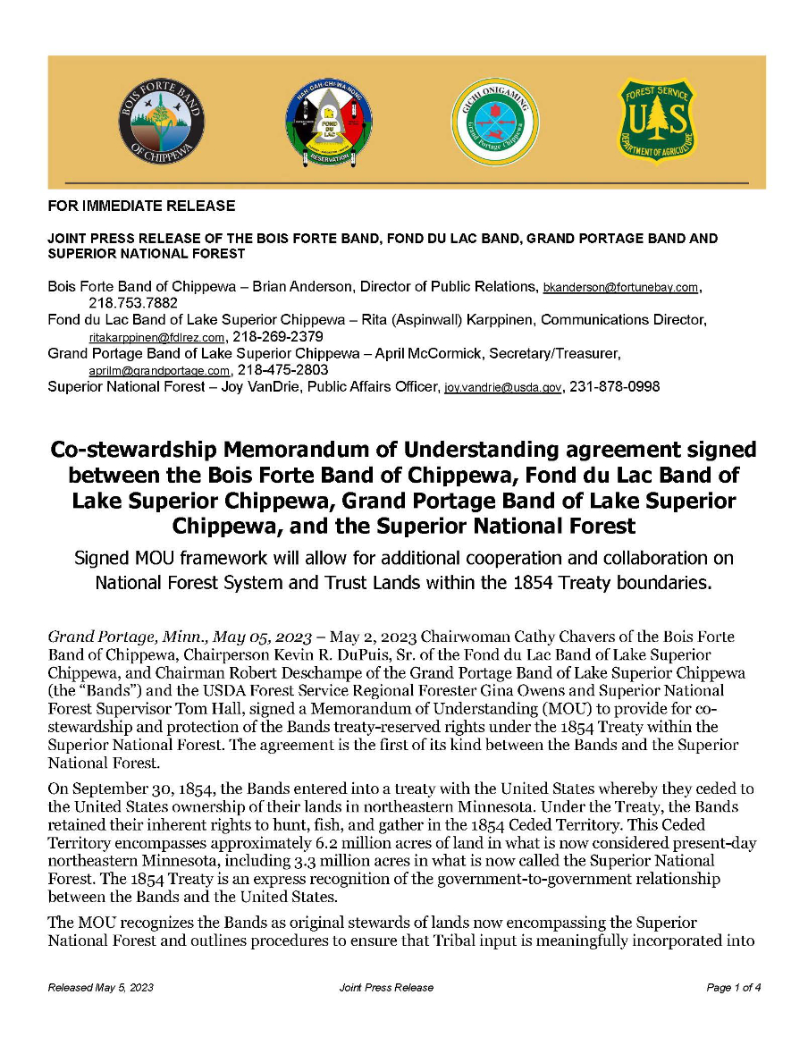 Three northern Minnesota Tribes and the Forest Service Sign Historic Memorandum of Understanding