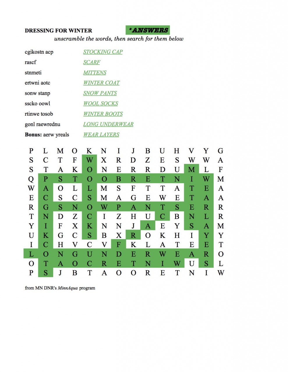 Word Scramble Answers