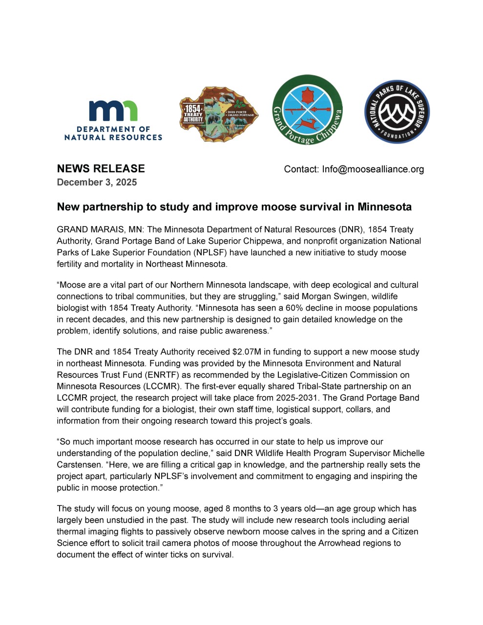 New Partnership to Study and Improve Moose Survival in Minnesota